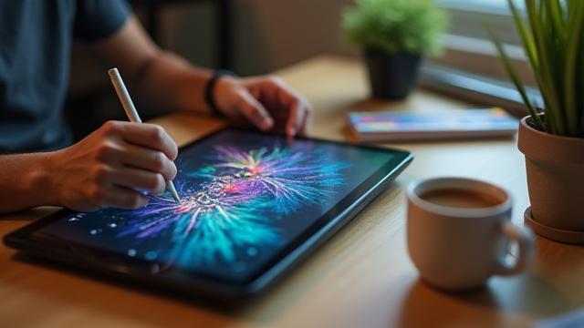 Isang artist na nagdidisenyo ng modernong sining gamit ang Baybayin script sa isang digital tablet.